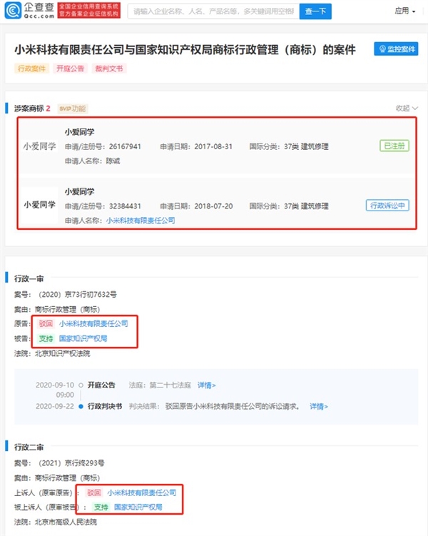 “小爱同学”商标遭抢注！小米上诉被法院驳回