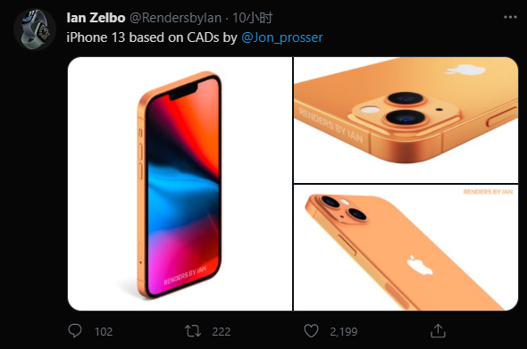 苹果iPhone13新渲染出炉：新配色、小刘海、后置镜头对角排列