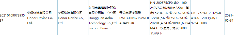 荣耀新款电源适配器3C入网，支持最高135W快充