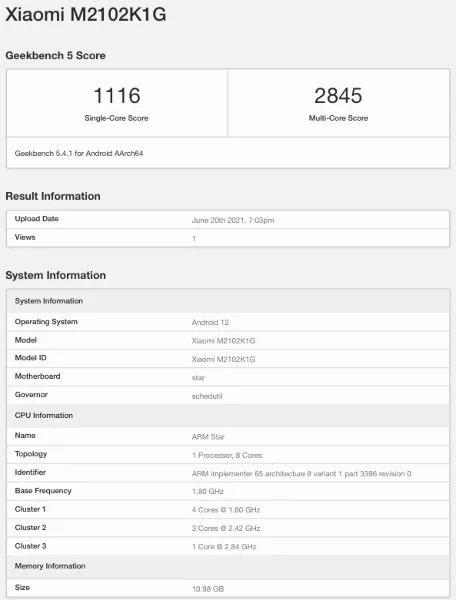 小米新旗舰现身Geekbench 运行安卓12